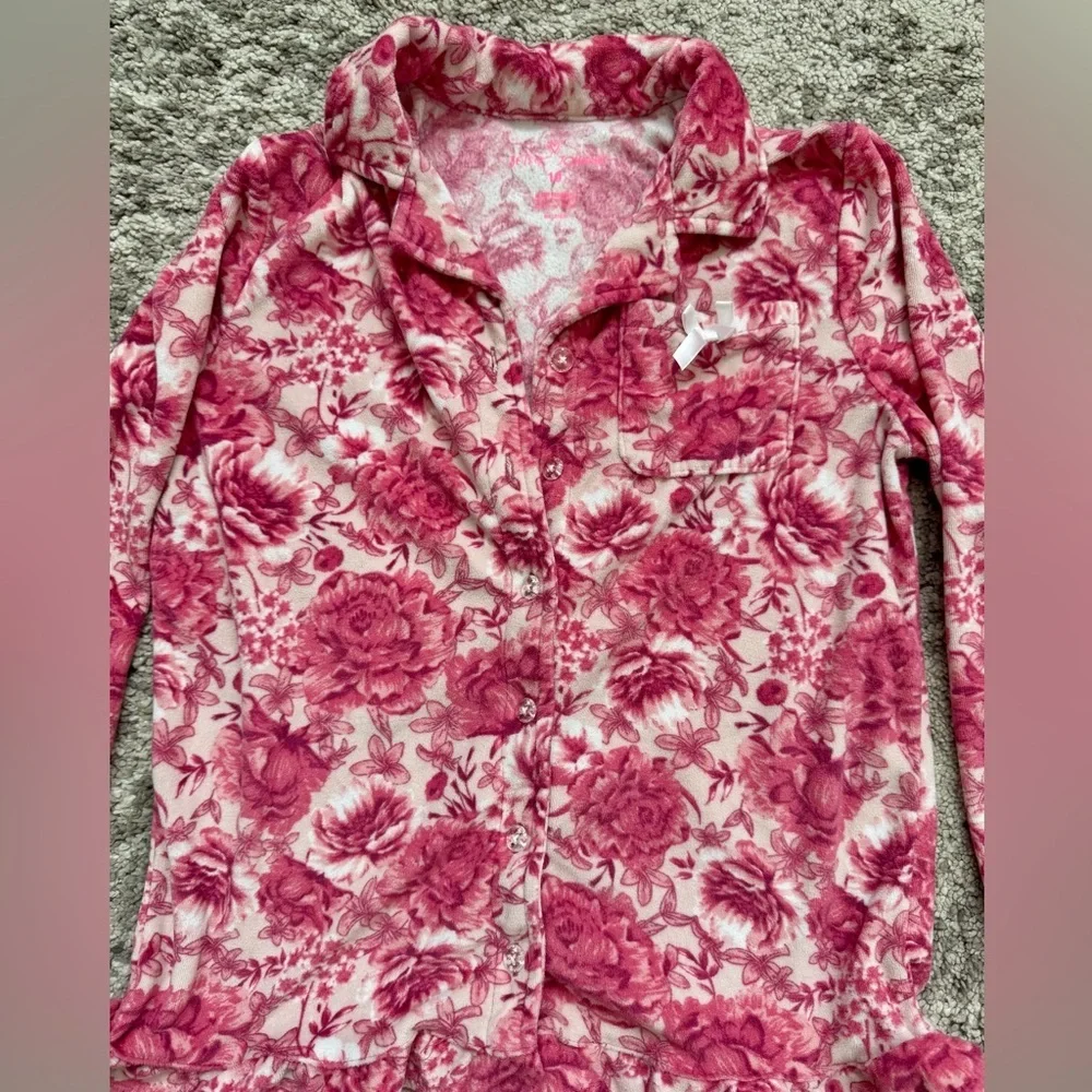 Betsey Johnson Girls Floral Fleece Pajama Set Pink Button Top Size 10